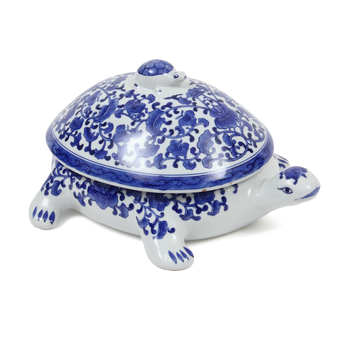 Bombay Company Blue and White Turtle Lidded Dish: a turtle formed lidded dish in a blue and white design by the Bombay Company. 14w, 7h, 11d inches.