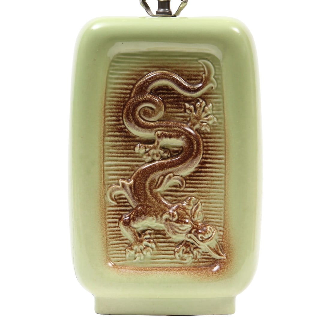 Mid Century Pottery Dragon Lamp: A vintage mid century pottery lamp with green and brown glaze and a dimensional dragon to front and back 7w, 23h, 5d inches (of entire lamp including harp)