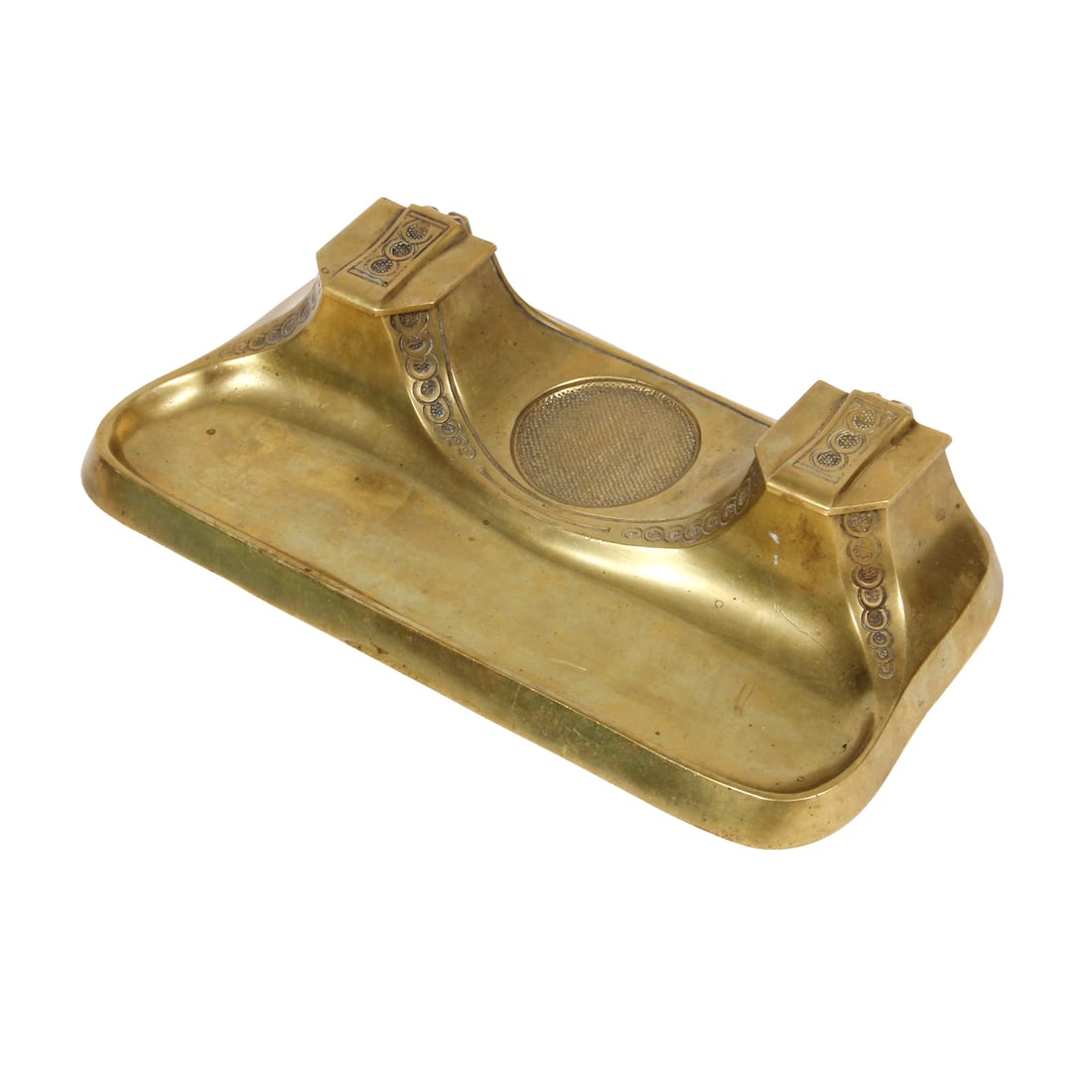 Art Deco Style Cast Brass Inkwell: A brass Art Deco style inkwell. 11w, 2h, 6d inches.