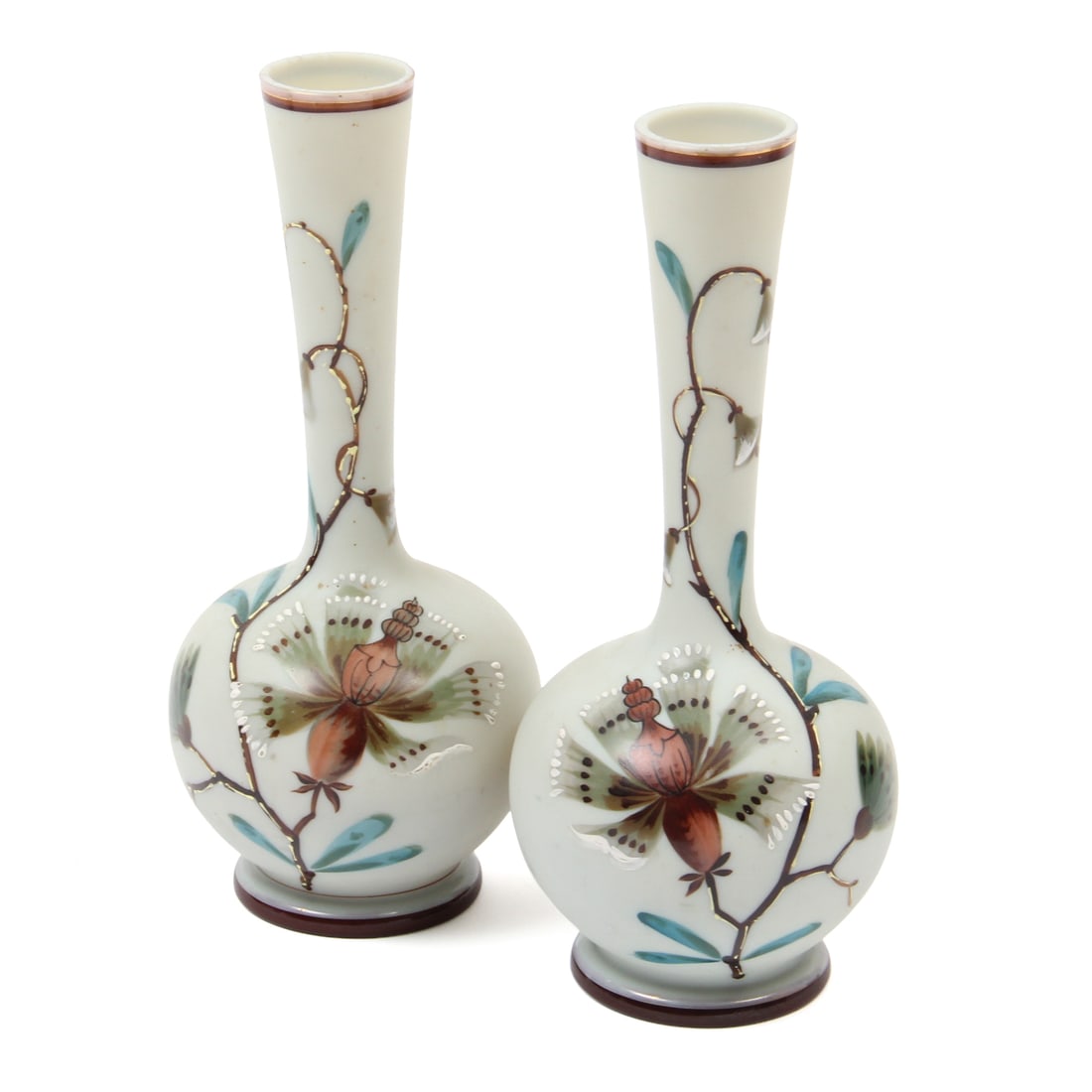 Hand-Painted Frosted Bohemian Glass Vases, Signed: A pair of hand-painted bohemian glass vases with floral design. Signed to bottom. 4w, 10h inches.