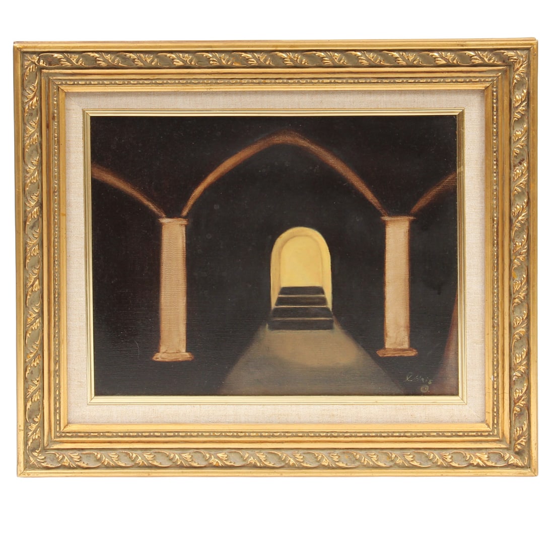 "Medieval Abbey" 1983 Oil on Canvas Painting: A vintage oil on canvas painting title "Medieval Abbey" 1983, pieces is signed to lower right and housed in a gilt gold feame with linen details. 19.25w, 16.5h inches.