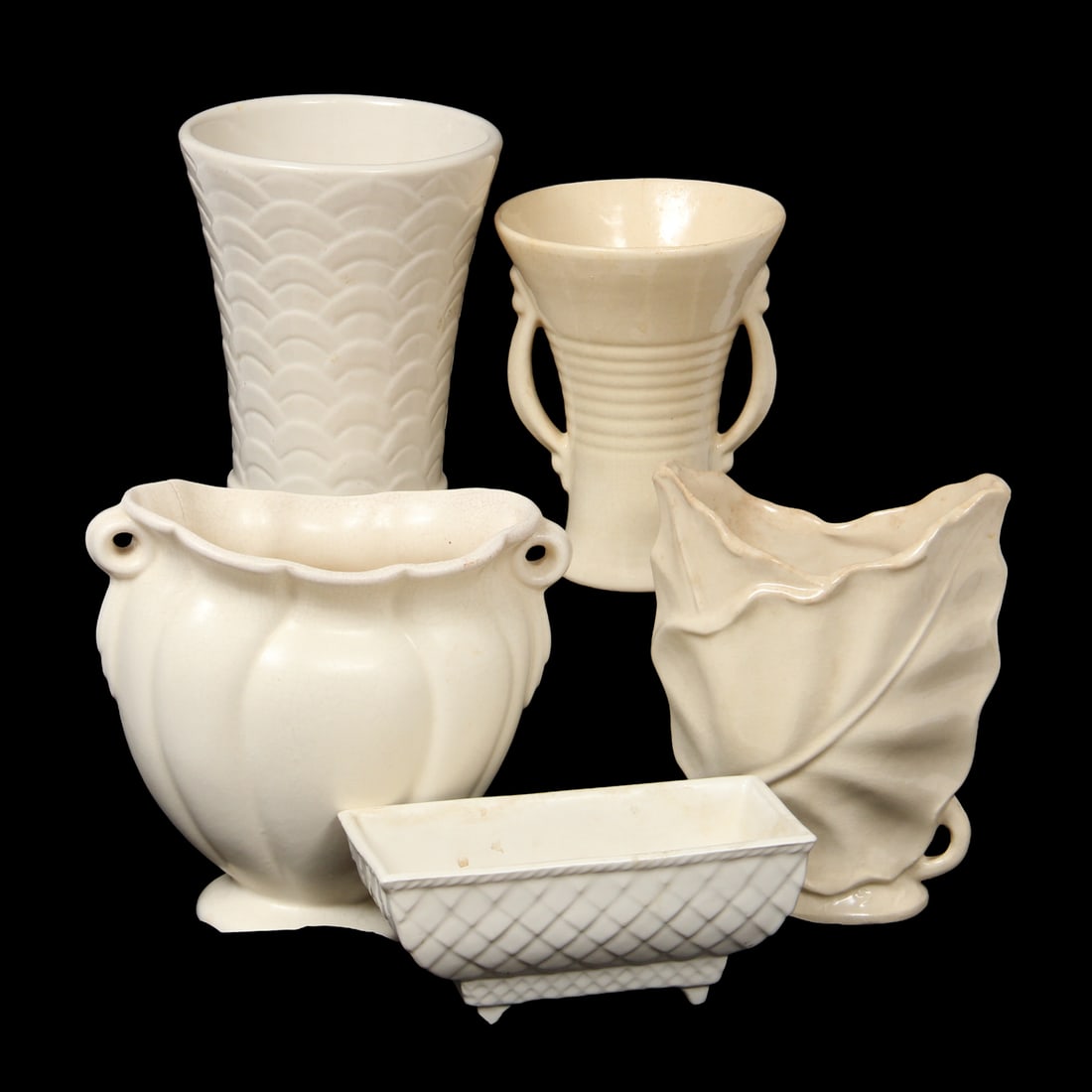 Vintage White/Cream Art Pottery: A collection of v1ntage art pottery including pieces by the Brush Company. This lot includes 5 total vases in a variety of styles and white/cream tone glazes. 5.5w, 8h inches (of tallest vase).