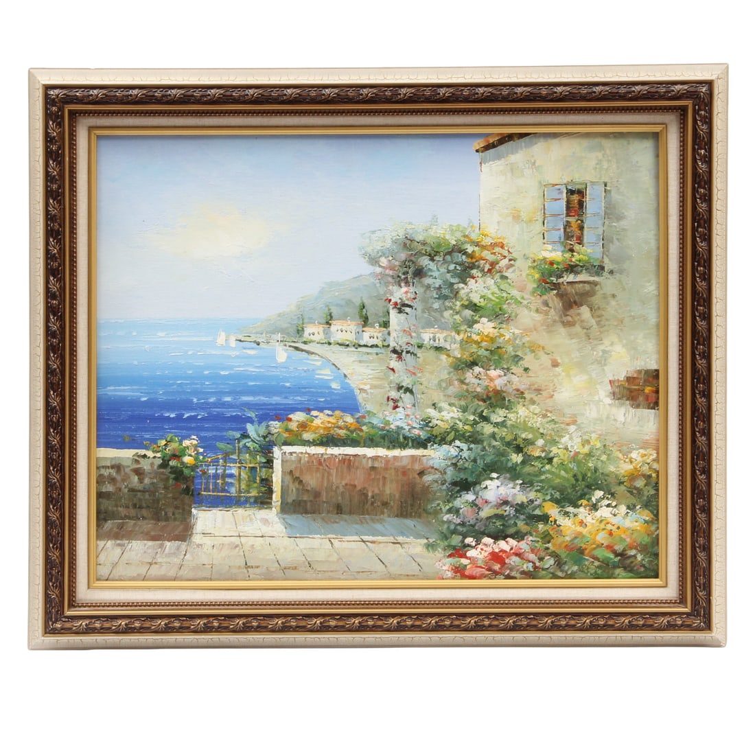 Mediterranean Seaside Oil Painting: A vintage oil painting of a house by the mediterranean sea. Housed in a wood frame with a crackle painted finish. 24w, 21h inches.