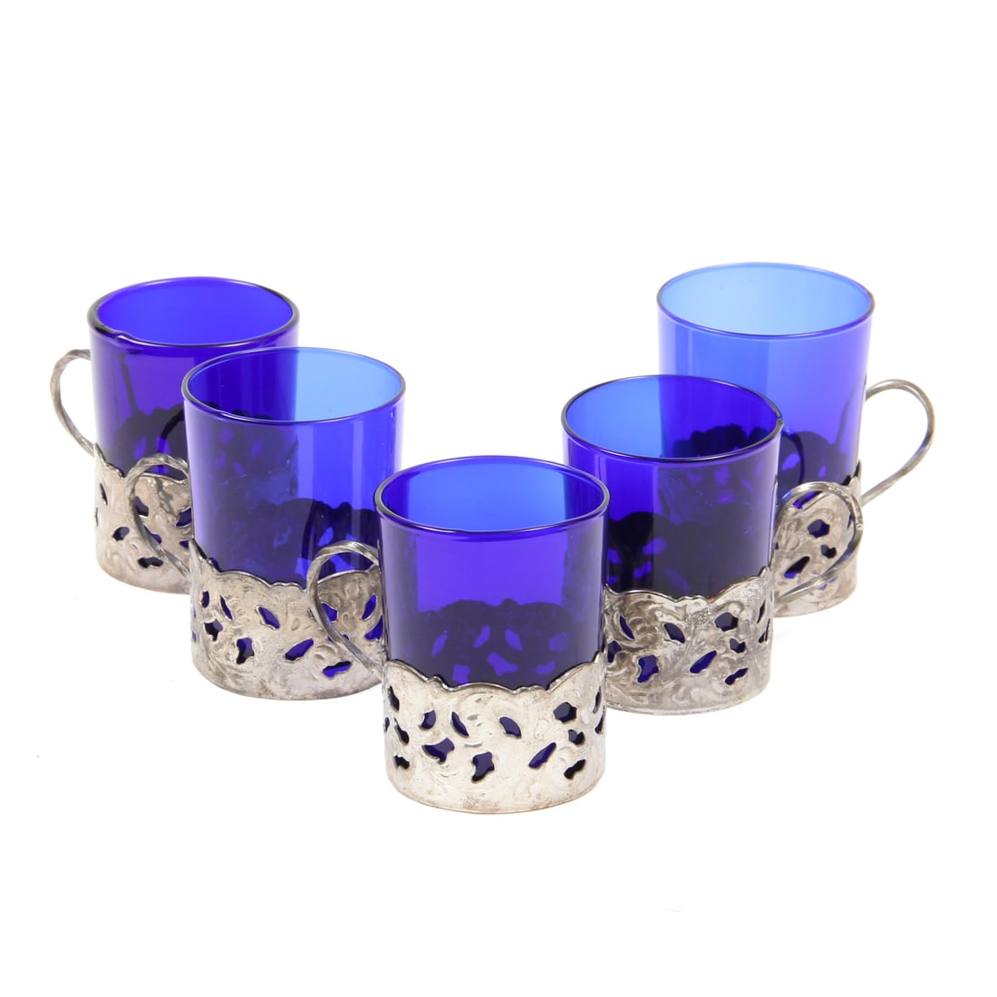 Cobalt Blue Glass Cups With Silver Plate Holders (1 of 4)