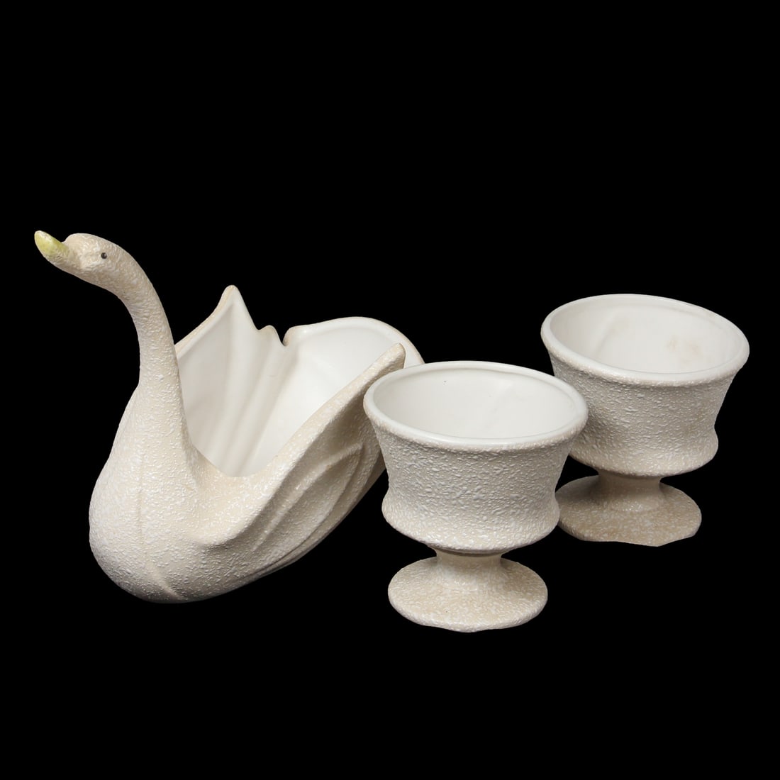 China Craft Mid Century Modern Textural Splatter Vases: A collecion of vases with a white splatter textural design by China Craft. Lot includes two pedestal vases and one swan form vase. 12w ,10h, 6d inches (of swan).