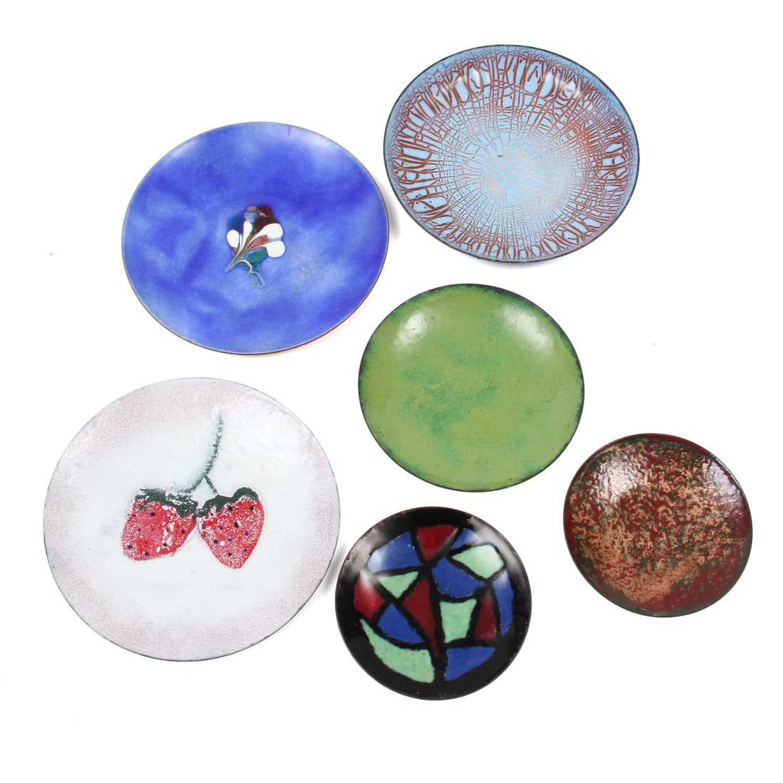 Collection of Mid Century Modern Enamel Plates: A colelction of 6 mid century modern enamel on copper decorated plates. 6w inches (of strawberry plate).