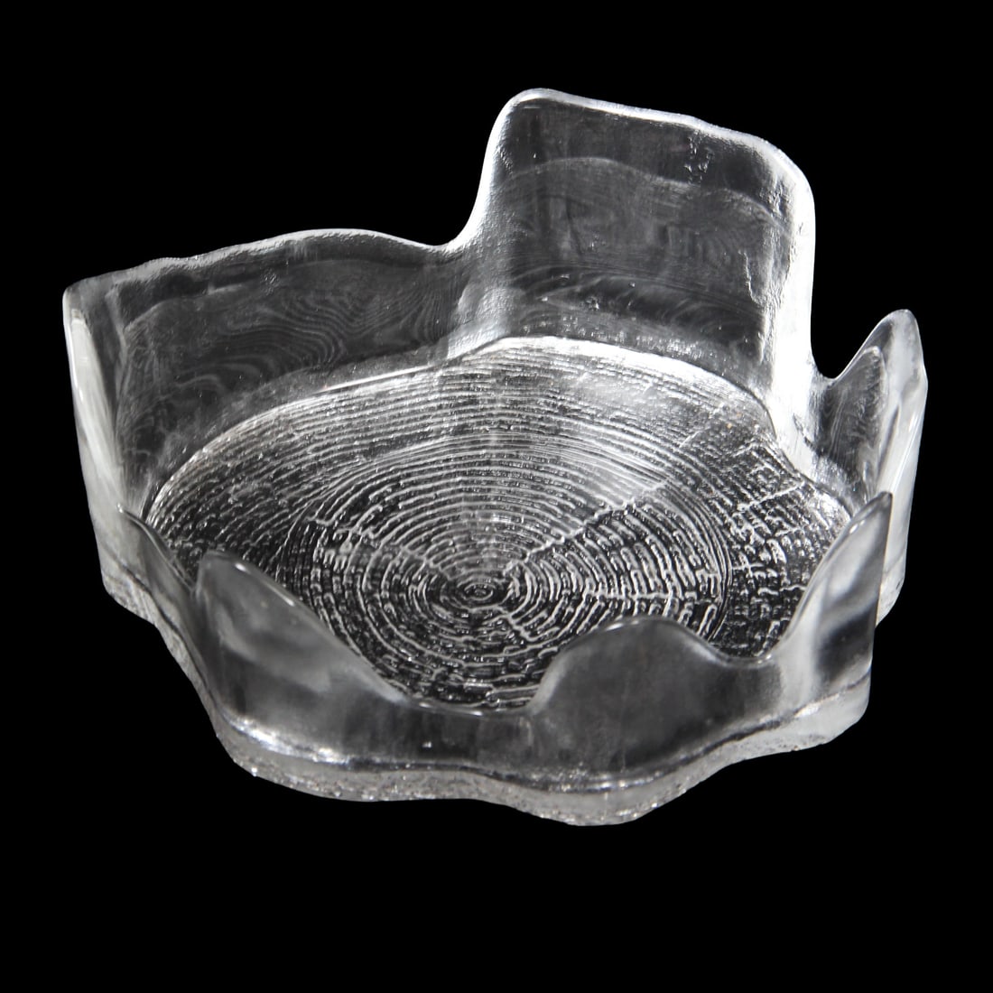 Wood Pattern Glass Bowl by Bengt Edenfalk for Skruf: A vintage glass bowl with wood tree cross cut designed by Bengt Edenfalk for Skruf. 6.75w, 2.75h inches.