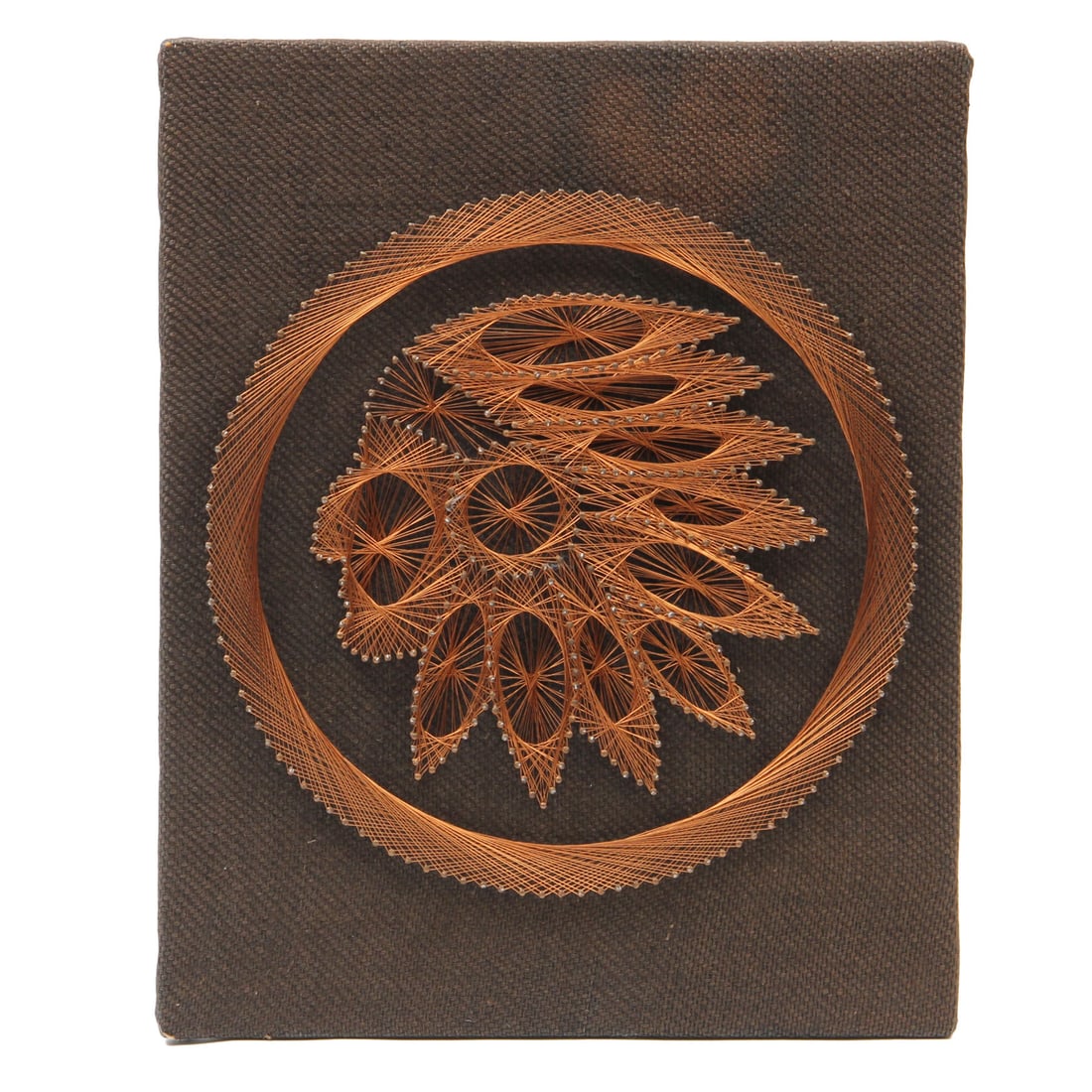 "Indian Brave" Copper Wire Mid Century Modern Wall Sculpture: A vintage copper wire wall sculpture titled "indian Brave" on a dark brown woven fabric backing. 16w, 20h, 1.5d inches.