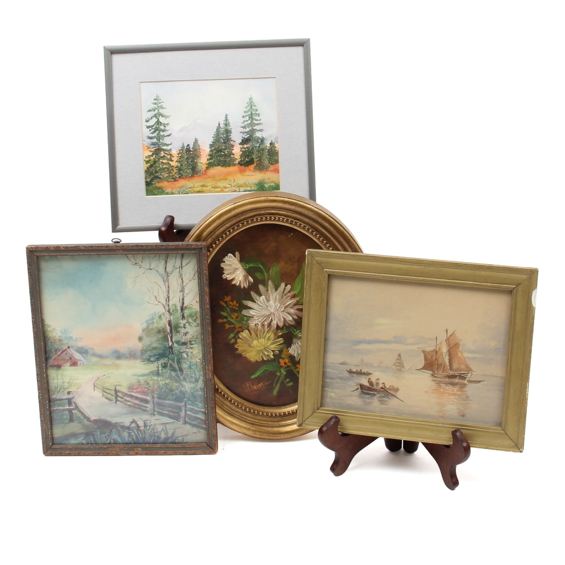 Collection of Hand-Painted Artworks: A collection of hand painted works including a Loid McMullen watercolor, An unsugned watercolor of cabin, a floral acrylic painting by J. Meisel, and one ships at sea watercolor painting. 10.5w,