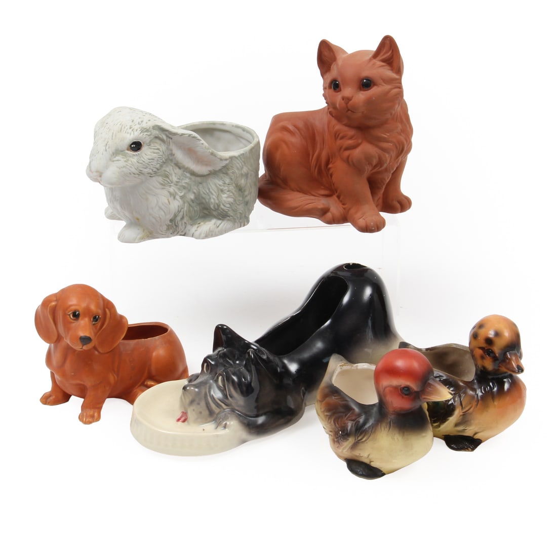 Collection of Vintage Animal Planter: A collection of vintage animal planters. 10.5w, 5h, 4.5d inches (of lack dog planter.