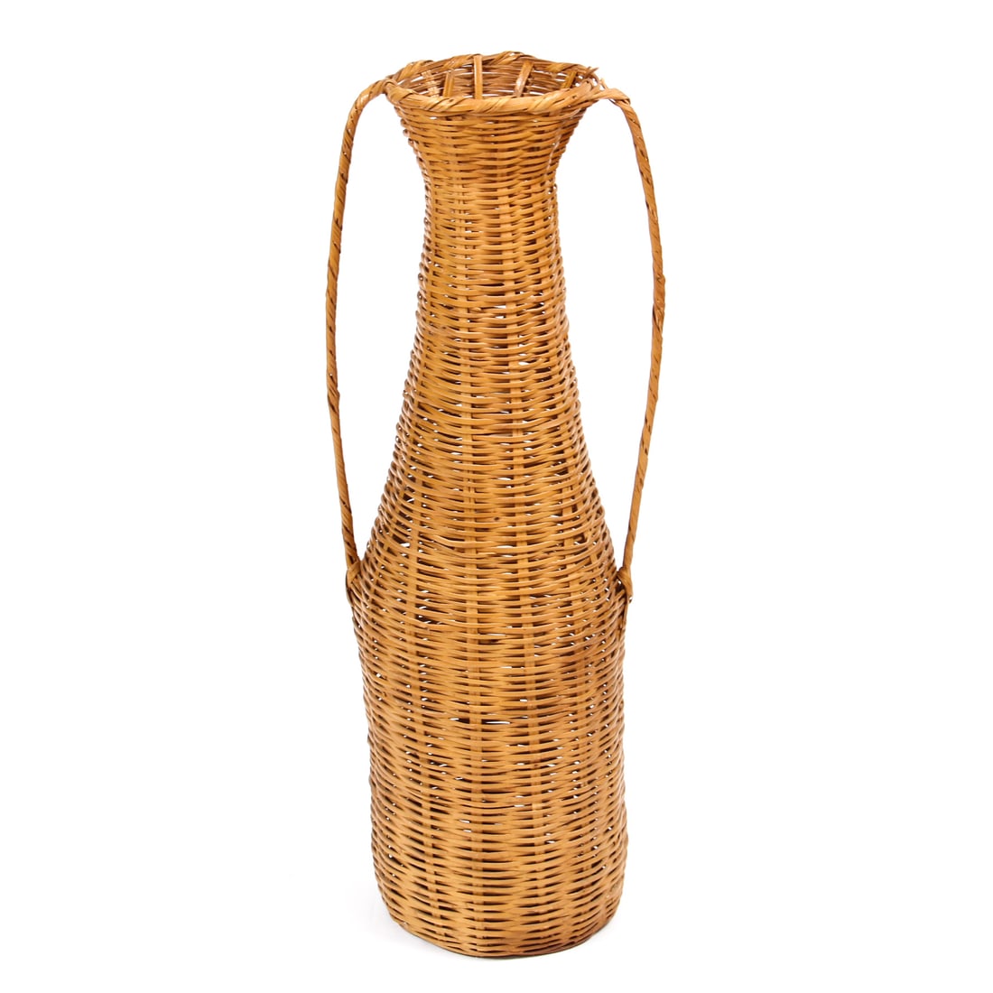 Woven Rattan Large Floor Vase: Vintage woven rattan floor vase. 12w, 35h, 11d inches.