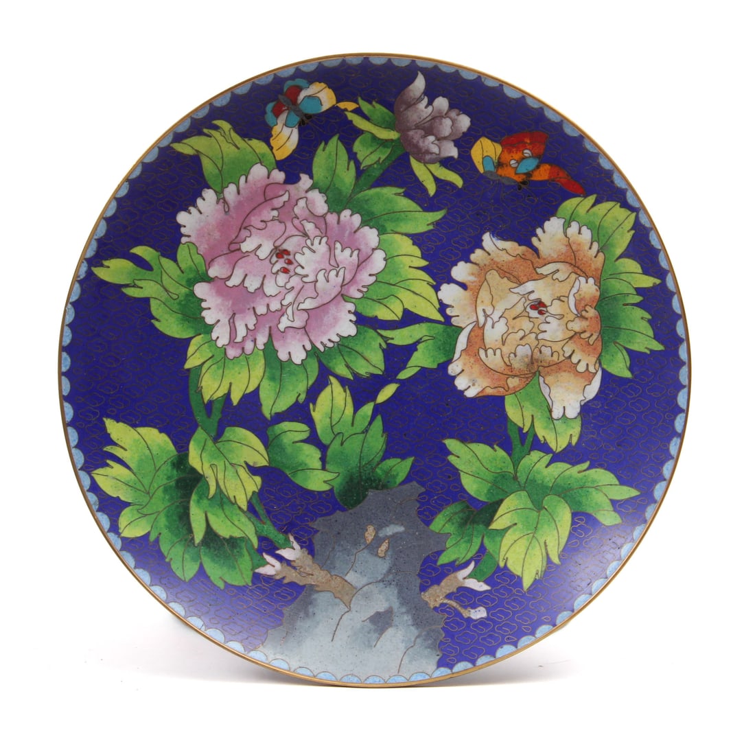 Jingfa Cloisonne Enamel Flower Plate: A vintage cloisonne floral motif plate by Jingfa. 9.5 w inches.