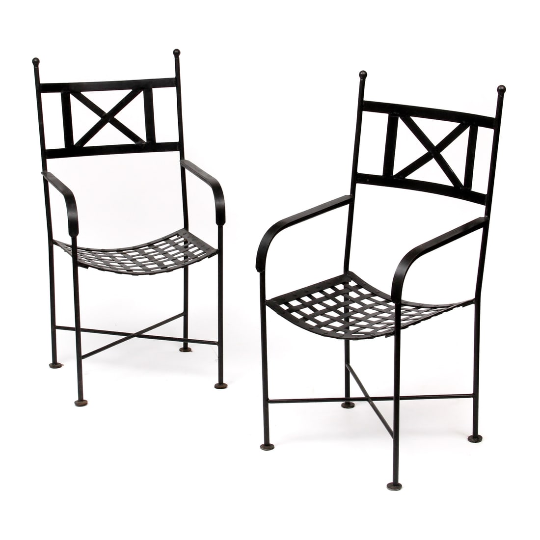 Mid-Century Directoire-Style Iron Armchairs: A vintage pair of black iron armchairs with curved seats in the style of Mario Papperzini. 19w, 39h, 17d inches (of one chair).Pickup or third party shipping required.
