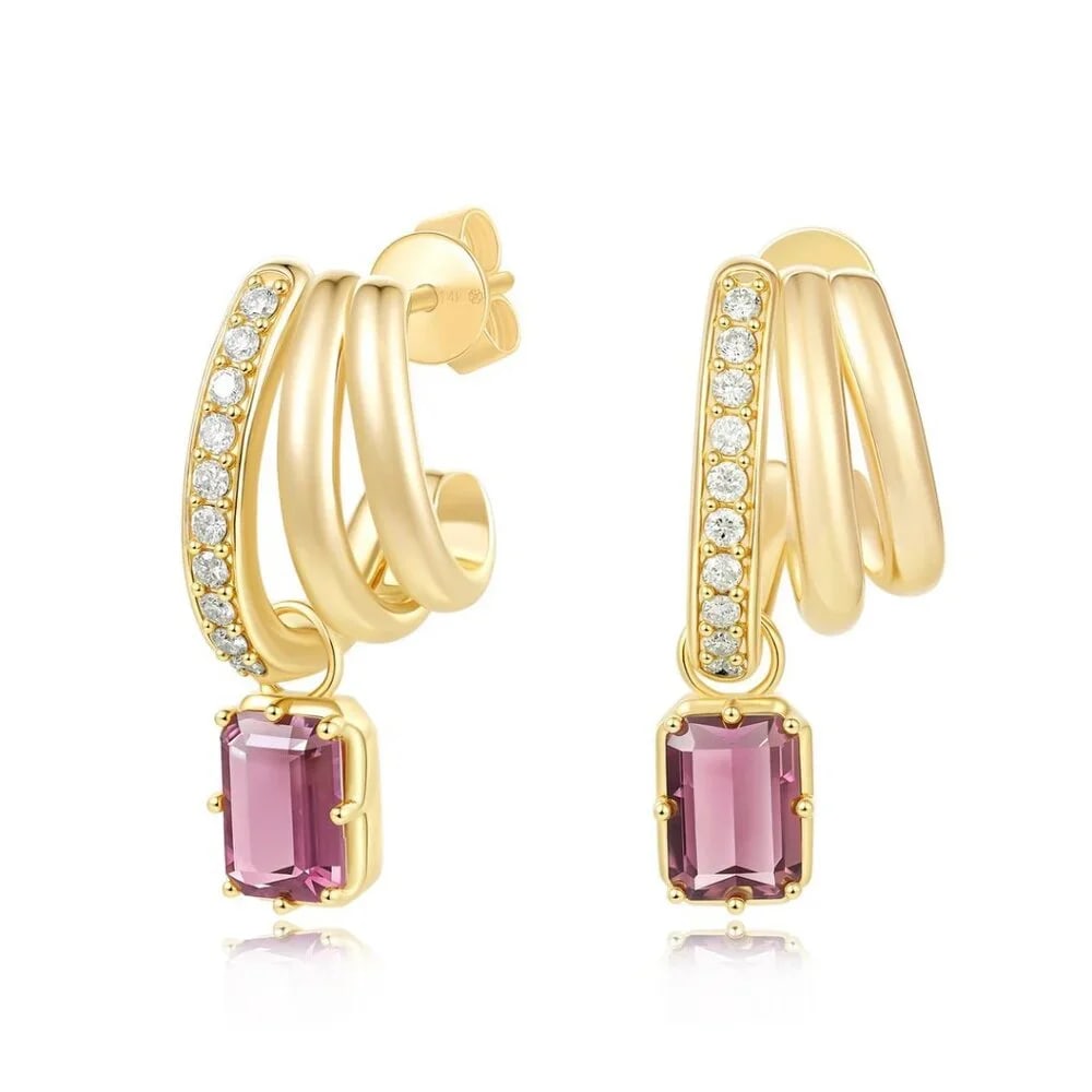 Emerald-Cut Pink Tourmaline 14K (or 18K upon request) Yellow Gold Hoop Drop Earrings: Vibrant and refined, these Emerald-Cut Pink Tourmaline Diamond Hoop Drop Earrings are a perfect harmony of color and brilliance. Crafted in solid 14K Yellow Gold (available in 18K upon request), each 