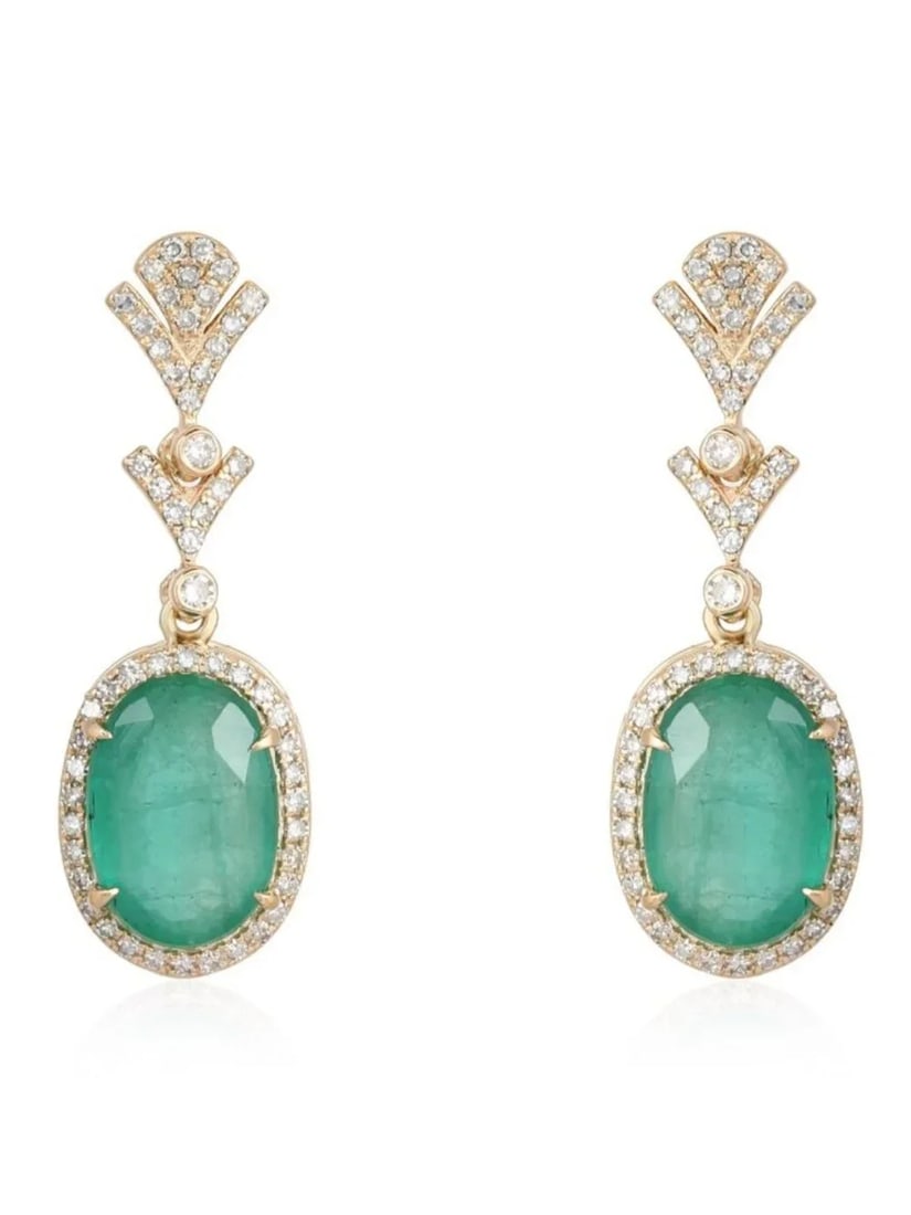 Vintage Drop Oval Emerald 14K (or 18k upon request) Yellow Gold Earrings: Radiating elegance, the Vintage Drop Oval Emerald 14K Yellow Gold Earrings are crafted in 14K Yellow Gold, adorned with natural diamonds (0.48CT) and vibrant emeralds (4.52CT). These timeless earrings