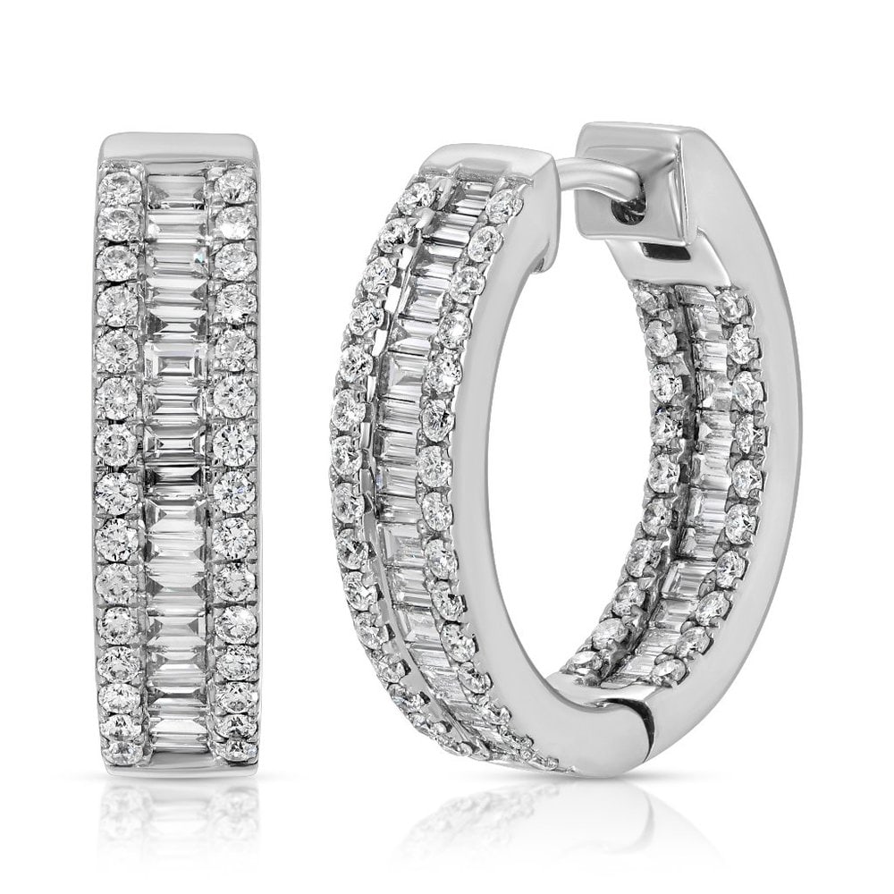 Pave Baguette 14K (or 18k upon request) White Gold Diamond Huggie Hoops Earrings: AdornA's Always Hoops are a timeless statement of elegance, crafted to add a touch of brilliance to any outfit. Featuring natural diamonds set in stunning 14k white gold, these hoops shine with a tota
