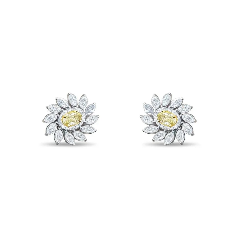 Floral Diamond 14K (or 18k upon request) Yellow Centre White Marquise Earrings: Embrace opulent sophistication with our White and Yellow Diamond Fancy Evening Earrings. Each exquisite diamond is meticulously set to exude brilliance, enhancing your evening ensemble with timeless a
