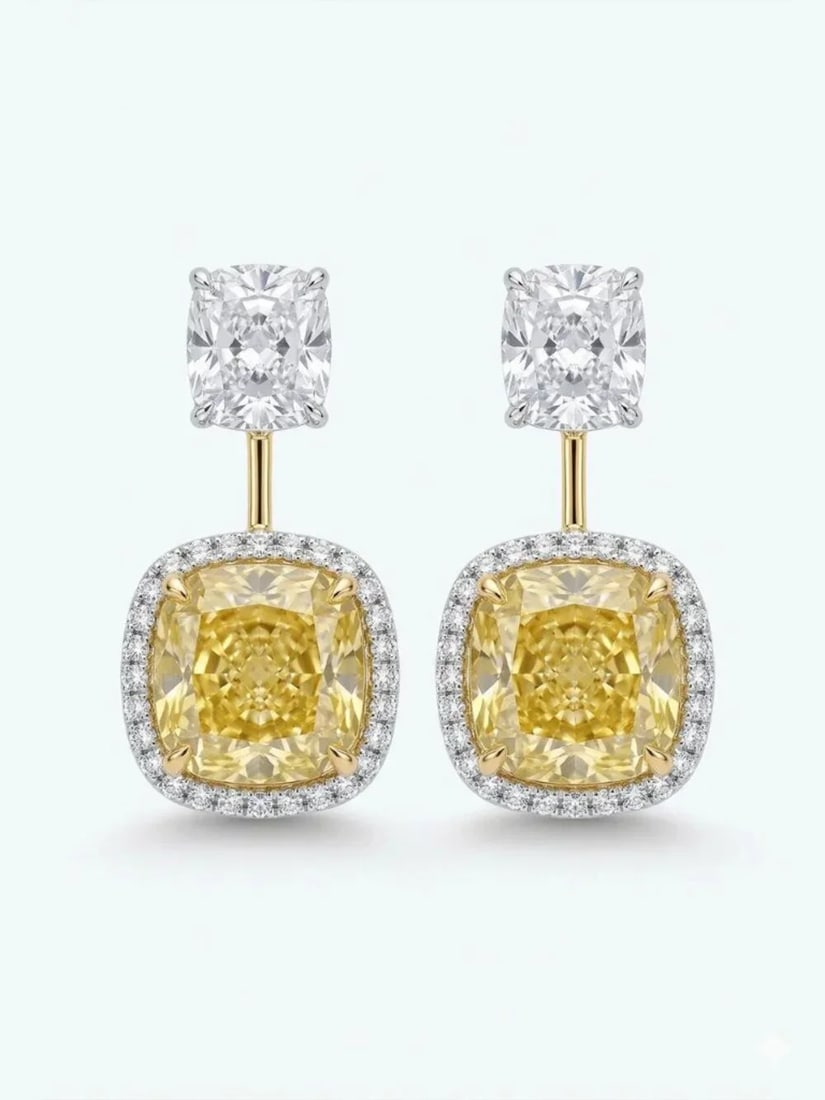 Radiant Yellow Diamond 14K (18K Custom) White Gold Halo Earrings: These stunning Radiant Yellow Diamond 14K (18K Custom) White Gold Halo Earrings are the epitome of luxury and elegance. Each earring features a vibrant yellow diamond surrounded by a halo of sparkling