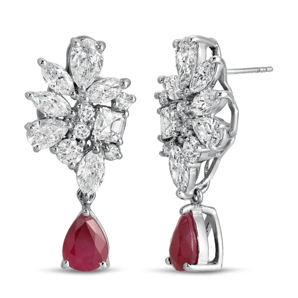 Floral Cluster Diamond 18K White Gold Ruby Drop Earrings (1 of 4)