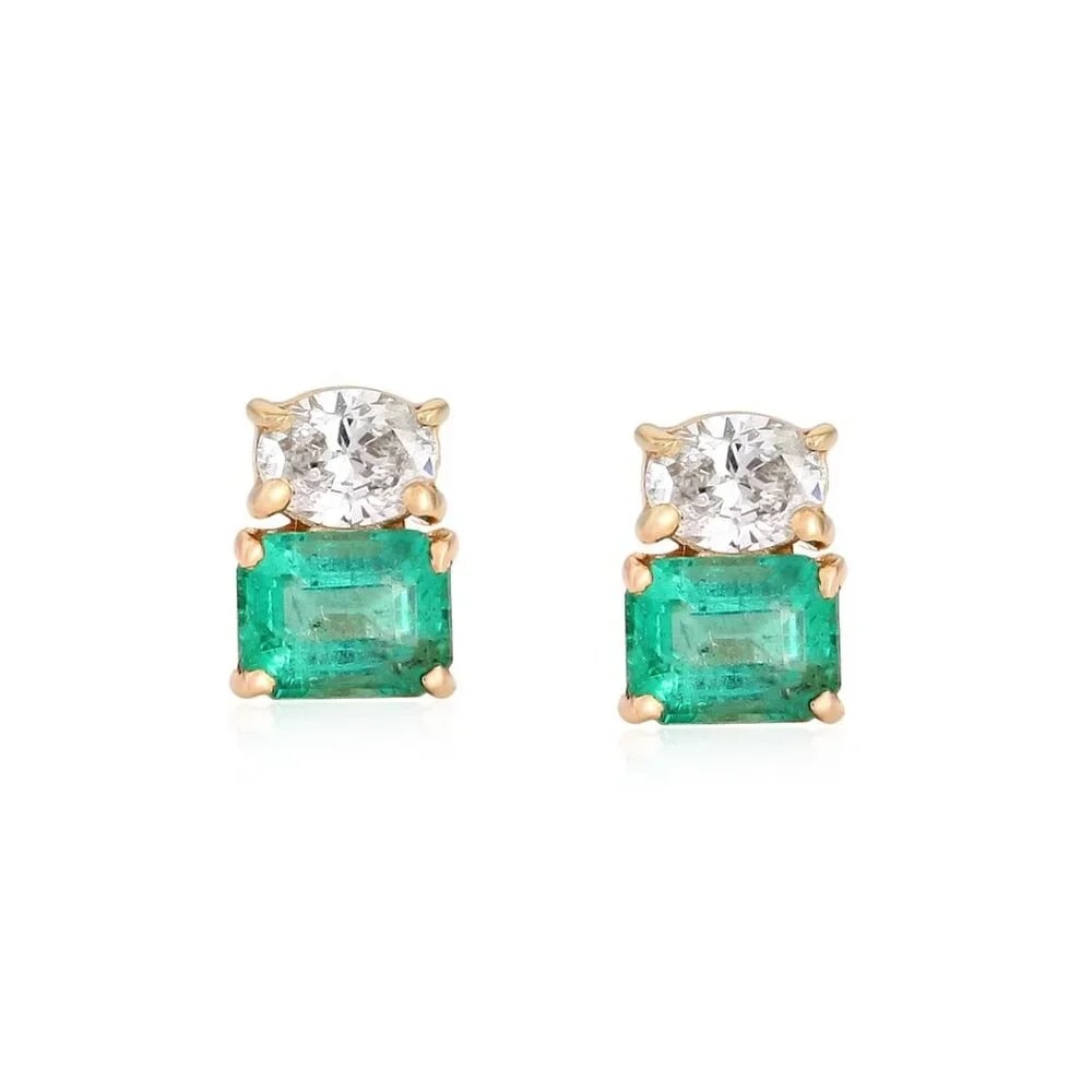 Nostalgic Emerald 14K (or 18k upon request) Yellow Gold Diamond Stud Earrings: The Nostalgic Emerald 14K Yellow Gold Diamond Stud Earrings capture the essence of timeless elegance with their stunning combination of natural diamonds and emeralds. Set in 14K yellow gold, these ear