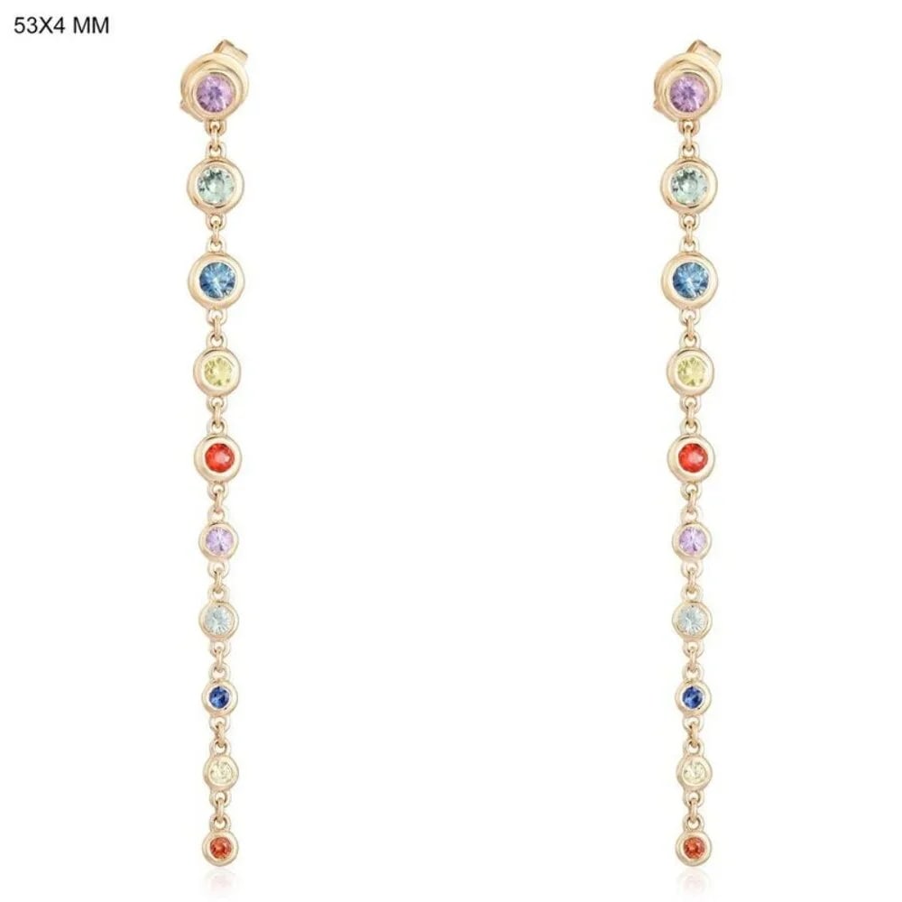 Majestic Drop 14K (or 18k upon request) Yellow Gold Diamond Danglers Earrings: These Majestic Drop 14K Yellow Gold Diamond Danglers Earrings are crafted in 14K yellow gold and feature a beautiful array of multi-sapphire stones, weighing 4.50CT. With a graceful drop design,