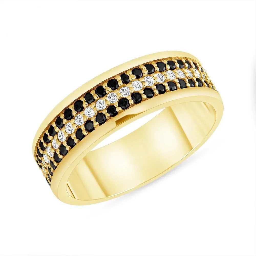 Round Cut Black Diamond 14K (or 18k upon request) Gold Eternity Band Ring: This Beautiful Diamond Eternity Band features Round Cut and Black Round-cut Diamonds in Pave Solid Gold Setting. This ring makes for a perfect Wedding Band and also as Anniversary, Birthday, and Holid