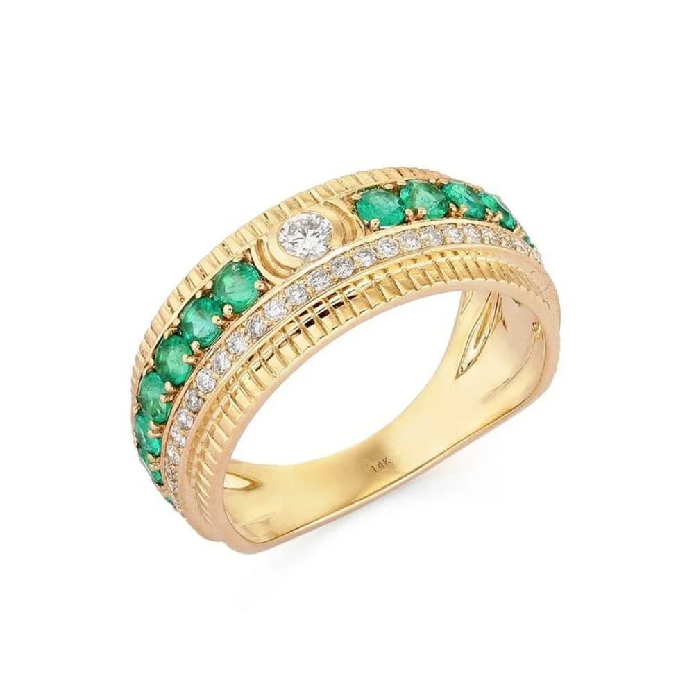 Double Row Emerald 14K (or 18k upon request) Yellow Gold Diamond Ring: The Double Row Emerald 14K Yellow Gold Diamond Ring features exquisite natural diamonds and vibrant emeralds, set in luxurious 14K yellow gold. Weighing 4.3 grams and designed in a size 7, this band b