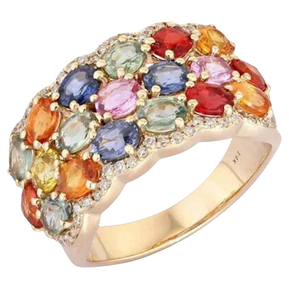 Colour Burst Sapphire 14K (or 18k upon request) Yellow Gold Diamond Band Ring: The Colour Burst Sapphire 14K Yellow Gold Diamond Band Ring is a luxurious piece designed in 14K yellow gold, featuring a harmonious blend of diamonds and multi sapphires. The ring weighs 6.82 GR and 