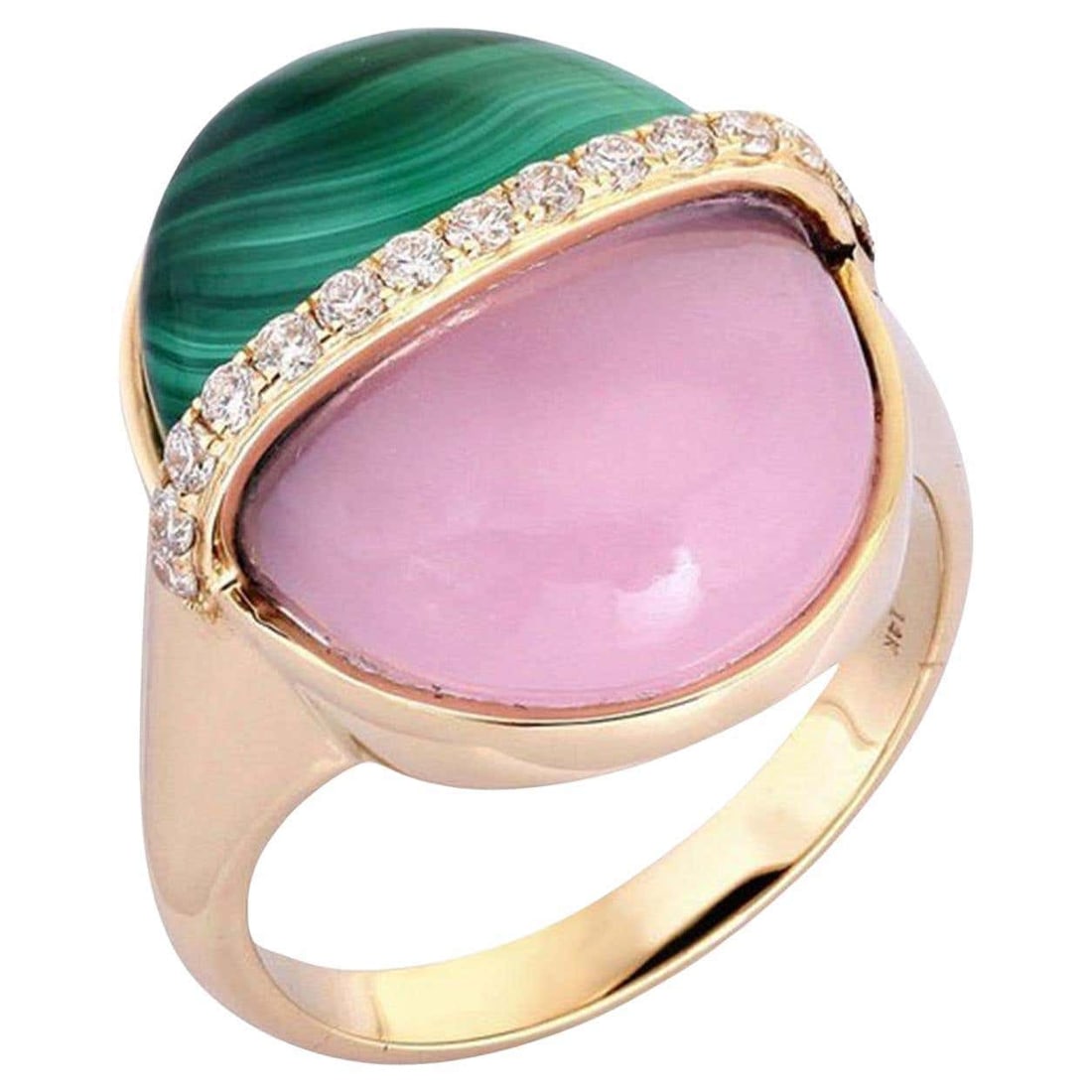 Diamonds Malachite 14K (or 18k upon request) Yellow Gold Pink Quartz Signet Ring: This exquisite Diamonds Malachite 14K Yellow Gold Pink Quartz Signet Ring features a blend of luxurious stones and fine craftsmanship. Set in 14K yellow gold, it showcases full-cut diamonds (0.25