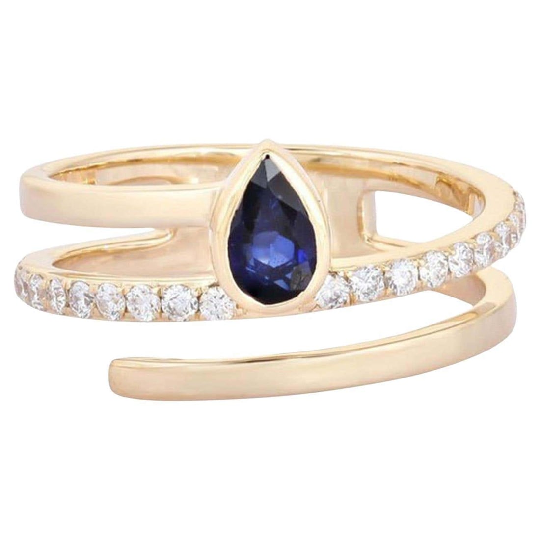 Wrap Pear Sapphire Diamond 14K (or 18k upon request) Yellow Gold Ring: The Wrap Pear Sapphire Diamond 14K Yellow Gold Ring showcases a striking swirl design in 14K yellow gold. Natural diamonds and vibrant sapphires are beautifully intertwined, creating a mesmerizing con