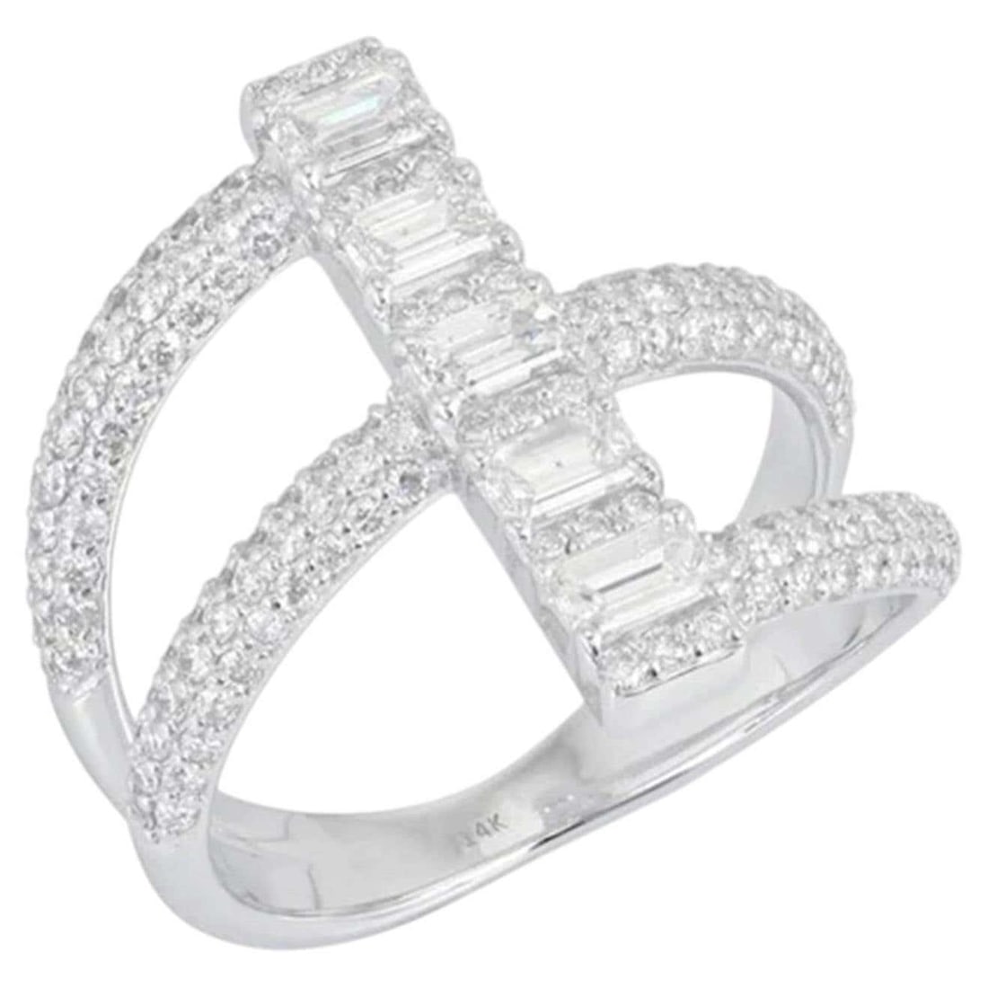 Vertical Baguette Diamonds 14K (or 18k upon request) White Gold Double Band Ring: The Vertical Baguette Diamonds 14K White Gold Double Band Ring is a stunning fusion of sophistication and luxury. Crafted in 14K white gold, this ring features an open wrap design adorned with 0.81 ca