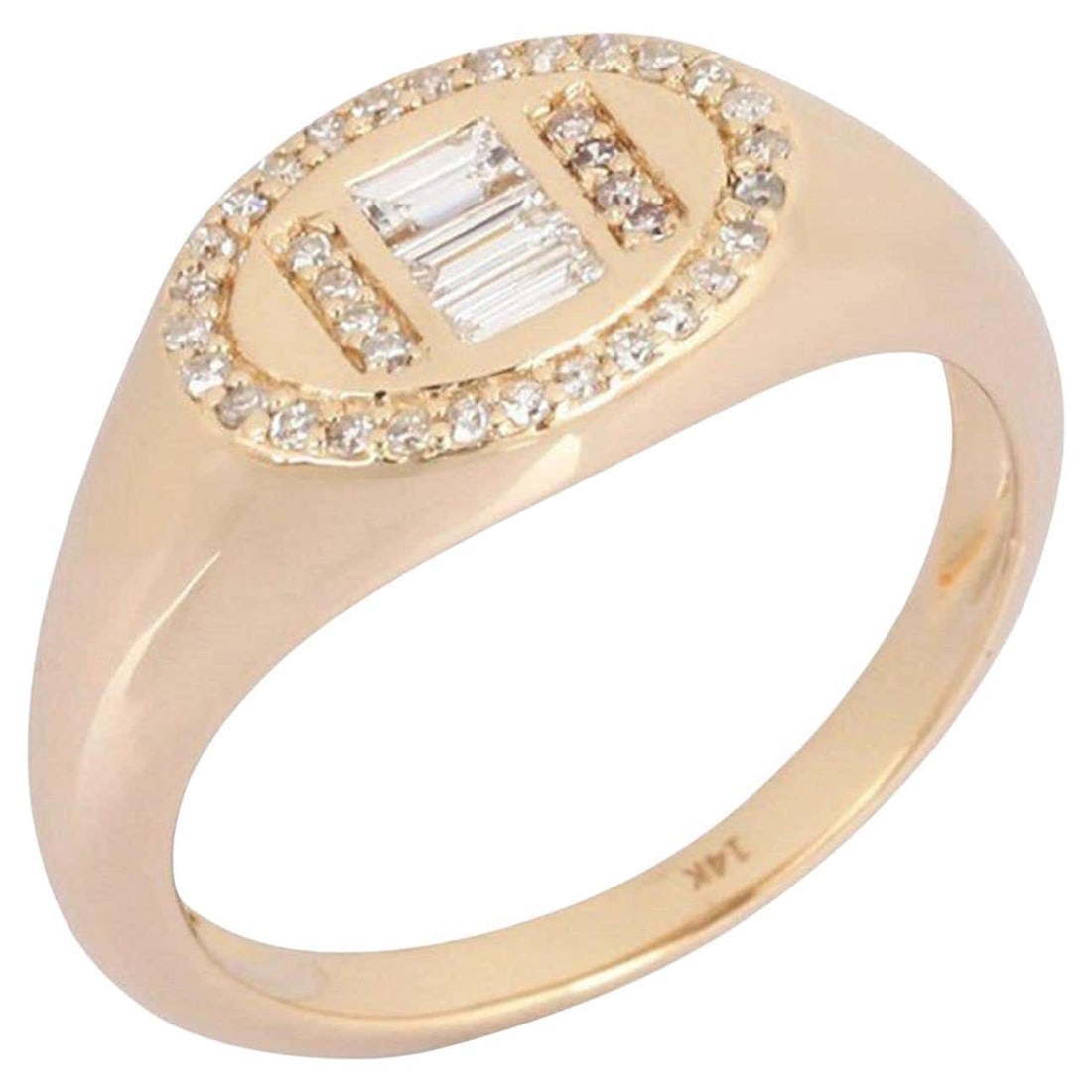 Oval Baguette Diamond 14K (or 18k upon request) Yellow Gold Signet Ring: This Oval Baguette Diamond 14K Yellow Gold Signet Ring features an elegant design crafted from 14K yellow gold, embodying both strength and style. Adorned with baguette diamonds, the ring combines a c