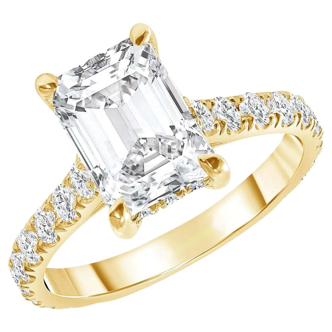 Emerald Cut Solitaire 18K Gold Diamond Engagement Ring: Ring features a stunning hidden halo setting that adds a unique, elegant touch to its timeless design. Showcasing an emerald-cut, conflict-free diamond with exceptional clarity and color, this ring is