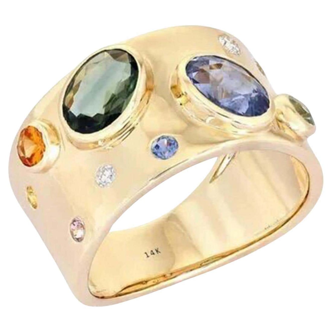 Diamond Multi Sapphire 14K (or 18k upon request) Yellow Gold Cigar Band Ring: The Diamond Multi Sapphire 14K Yellow Gold Cigar Band Ring is a vibrant and luxurious piece crafted from 14K yellow gold. Featuring an elegant arrangement of multi-colored sapphires totaling 2.19 cara