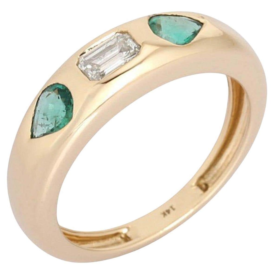 Emerald Trio 14K (or 18k upon request) Yellow Gold Diamond Ring: The Emerald Trio 14K Yellow Gold Diamond Ring features natural diamonds and fancy diamonds, set in 14K yellow gold. The ring showcases a captivating blend of fancy diamonds (0.33ct) and emerald gemsto