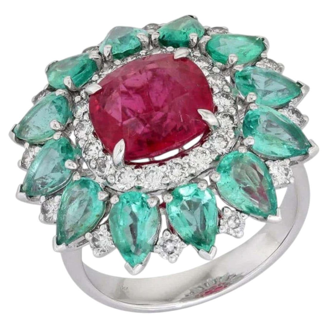 Ruby Emerald Diamond 18K Yellow Gold Signet Ring: This Ruby Emerald Diamond 18K Yellow Gold Signet Ring is a luxurious creation crafted from 18K white gold. It showcases natural diamonds, rubies, and emeralds, making a striking combination of vibrant
