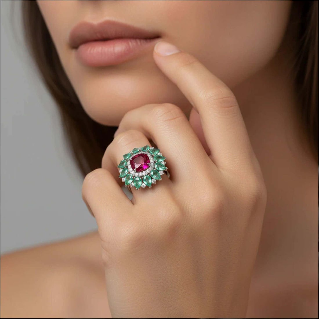 Ruby Emerald Diamond 18K Yellow Gold Signet Ring - 2