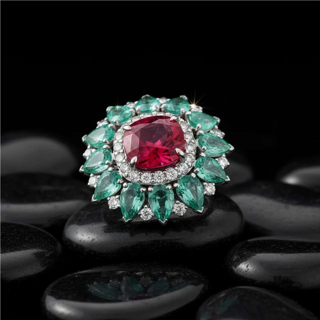 Ruby Emerald Diamond 18K Yellow Gold Signet Ring - 3