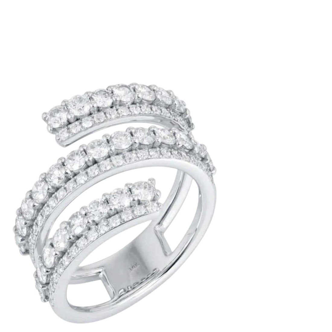 Triple Row Pave 14K (or 18k upon request) White Gold Diamond Open Band Ring: Experience elegance redefined with the Perfect Triple Row Pave 14K White Gold Diamond Open Band Ring, crafted from radiant 14K White Gold. Adorned with natural diamonds totaling 4.85CT, this open wrap