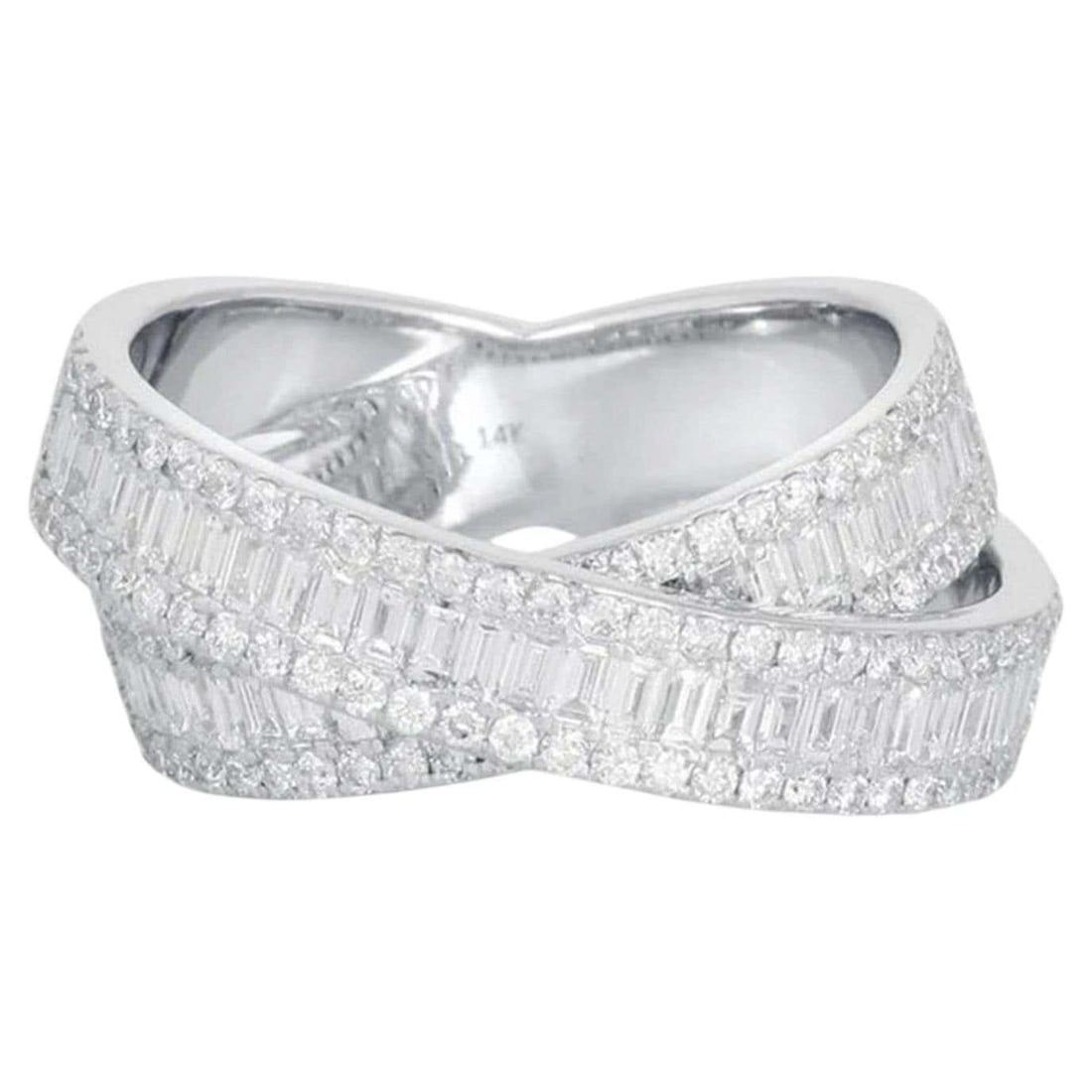 Statement Crossover Band 14K (or 18k upon request) White Gold Diamond Layered Ring: The Baguette Diamond Crystal Open Wrap Ring is a dazzling masterpiece crafted in 14K white gold. Featuring 0.99 carats of baguette diamonds and 0.76 carats of full-cut diamonds, this elegant open wrap