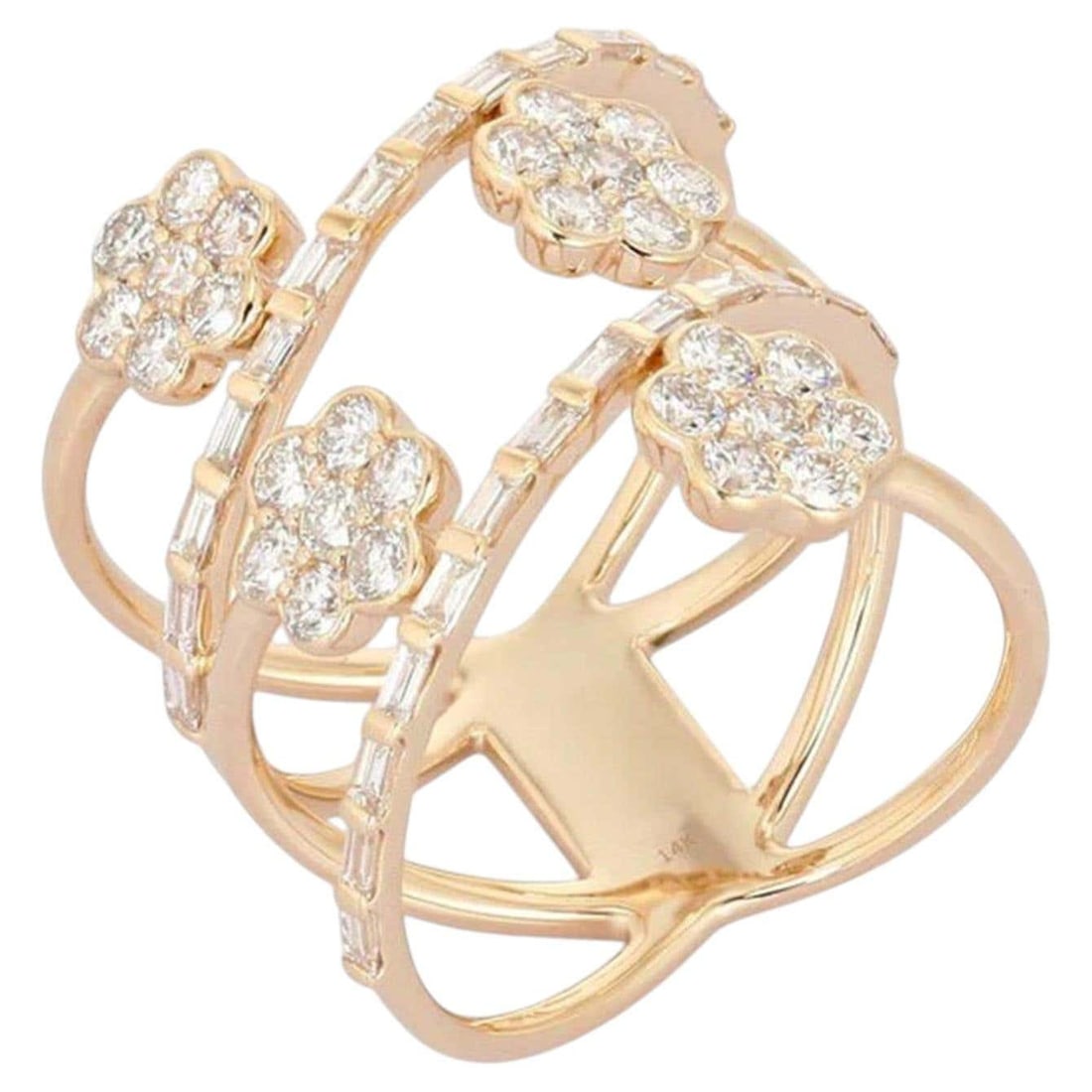 Floral Band 14K (or 18k upon request) Yellow Gold Multi Row Diamond Flower Ring: Elevate your elegance with the Statement Band 14K White Gold Triple Row Diamond Eternity Ring, a masterpiece of modern luxury. Meticulously crafted in 14K white gold, this stunning eternity band featu
