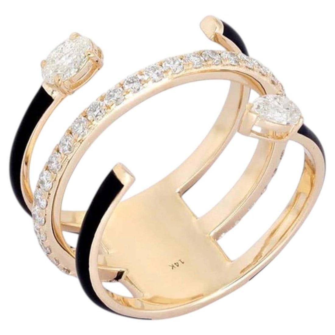 Triple Band Diamond 14K (or 18k upon request) Yellow Gold Black Enamel Open Ring: This Triple Band Diamond 14K Yellow Gold Black Enamel Open Ring is crafted from 14K yellow gold and designed to make a statement. It features a stunning combination of fancy diamonds and full cut diam