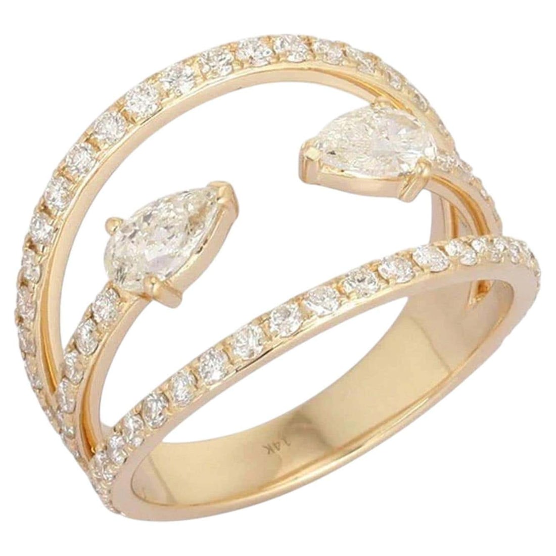 Double Pear 14K (or 18k upon request) Yellow Gold Open Band Ring: The Double Pear 14K Yellow Gold Open Band Ring is a playful yet elegant accessory, crafted in 14K yellow gold. Featuring 0.85 carats of shimmering diamonds and 0.65 carats of vibrant fancy diamonds, t