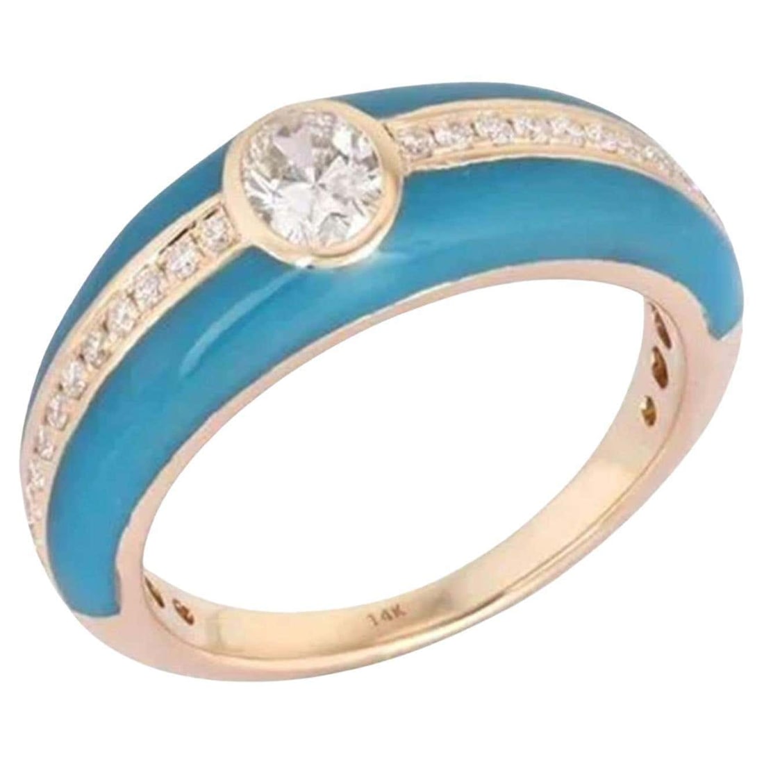 Turquoise Round 14K (or 18k upon request) Gold Diamond Center Pave Enamel Ring (1 of 3)