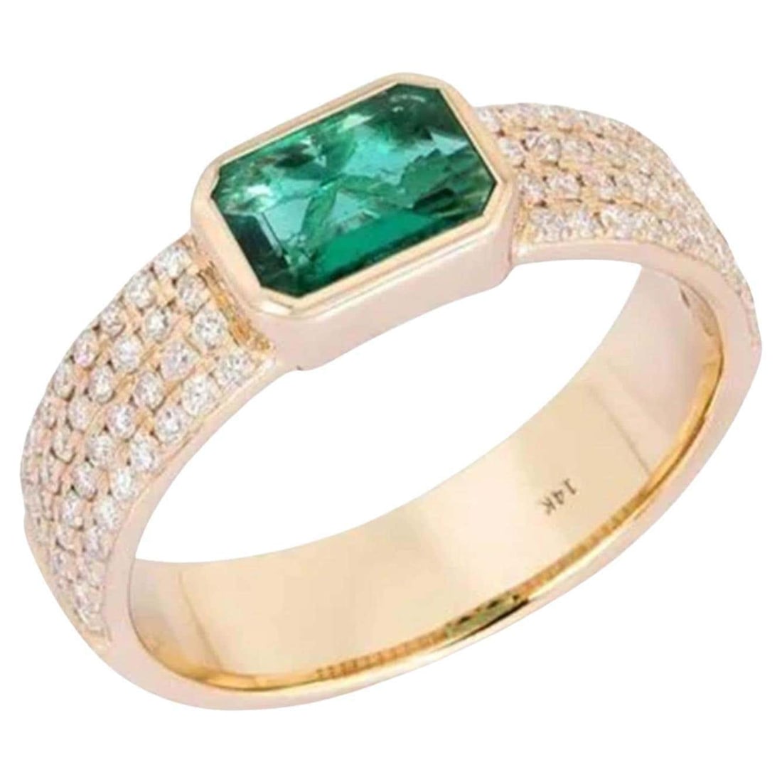 Green Emerald 14K (or 18k upon request) Yellow Gold Diamond Dome Ring: The Green Emerald 14K Yellow Gold Diamond Dome Ring is a bold celebration of color and luxury. Crafted in warm 14K yellow gold, this striking dome ring features a vibrant green emerald centerpiece sur