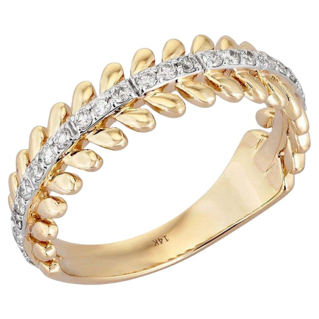 Diamond Leaf 14K (or 18k upon request) Yellow Gold Motif Ring: The Diamond Leaf 14K Yellow Gold Motif Ring is a stunning symbol of everlasting beauty, crafted from 14K yellow gold. It features natural diamonds set in a continuous band, exuding an elegant glow. Th