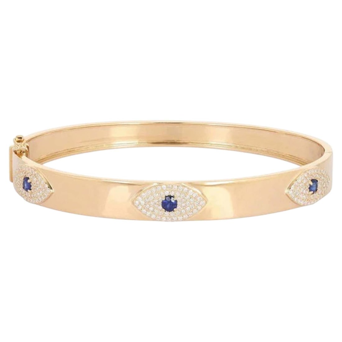 Evil Eye Sapphire 14K (or 18k upon request) Yellow Gold Bangle Bracelet: This exquisite bangle is crafted in 14K yellow gold and features a stunning combination of 0.56 carats of natural diamonds and 0.34 carats of blue sapphires. The perfect balance of elegance and color,