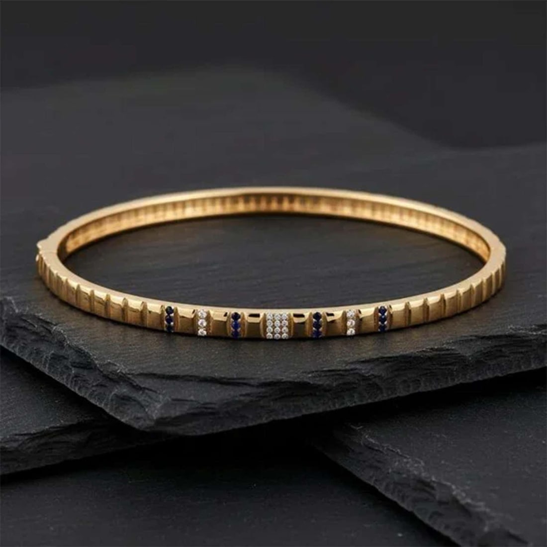 Blue Sapphire 14K (or 18k upon request) Gold Stackable Bangle Bracelet - 3
