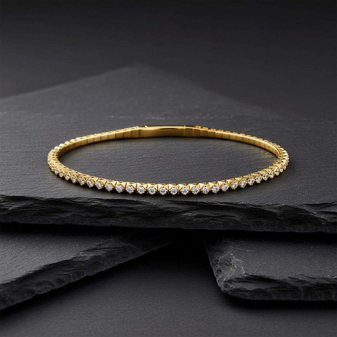 Diamond Flexi 14K (or 18k upon request) Gold Bangle Bracelet: Elevate your elegance with the stunning 14k Gold Round Natural Diamond Bangle, a timeless piece designed to add sparkle to any occasion. Crafted with 1 carat of shimmering round natural diamonds and