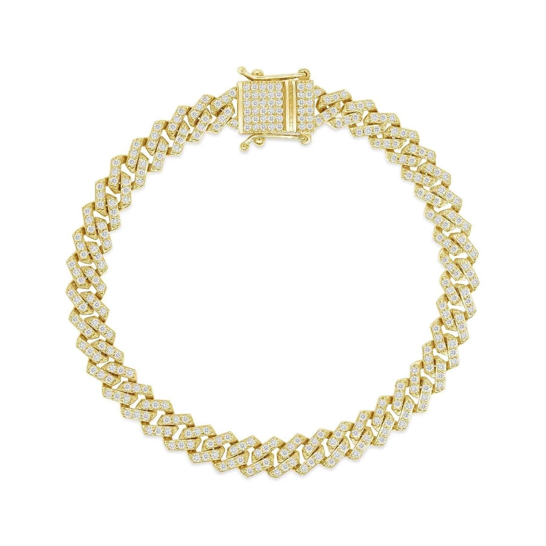Diamond Studded 14K (or 18k upon request) Yellow Gold Cuban Chain Bracelet: Diamond Studded 14K Yellow Gold Cuban Chain Bracelet. Crafted in luxurious 14k gold, this stunning bracelet showcases meticulously cut round diamonds with a total weight of 2 carats. Available in whit